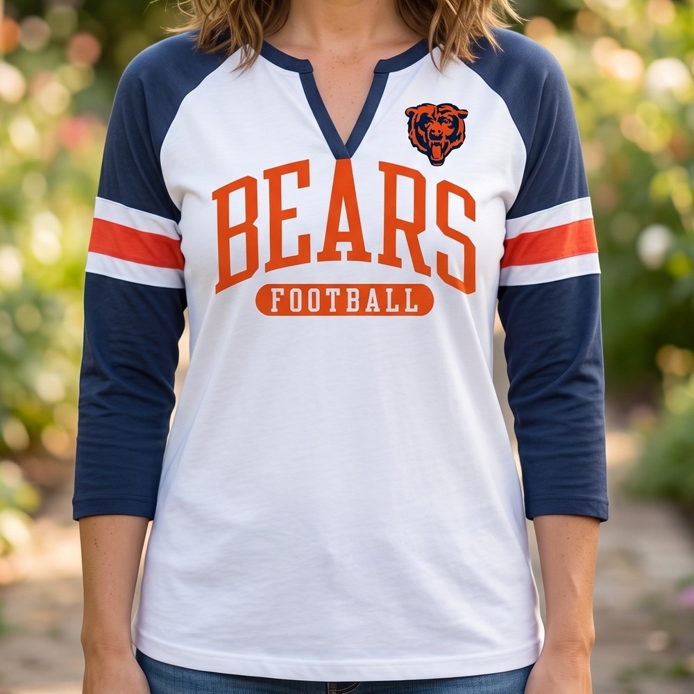 NFL Team Apparel Chicago Bears Womens Raglan 3/4 Sleeve Split V-Neck T-Shirt XL